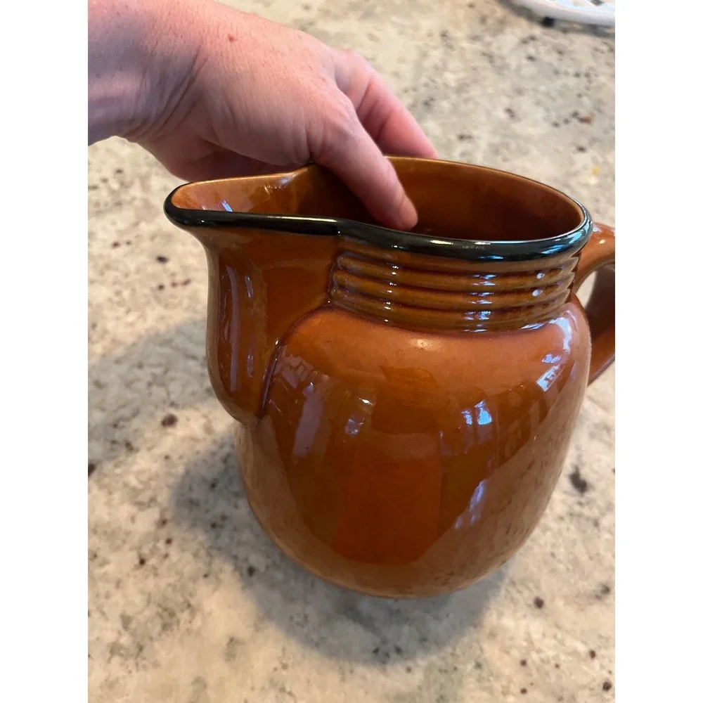 Vintage Burnt Orange Ceramic Pitcher with Ice Lip and Ribbed Neck Accent